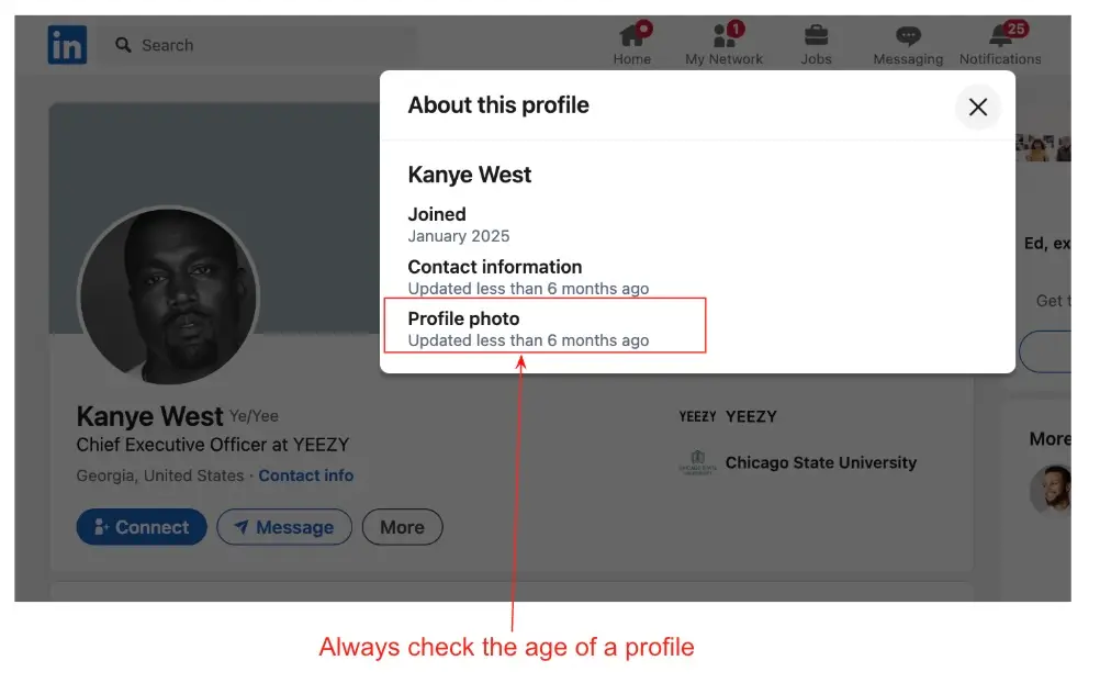 Screenshot fake linkedin account