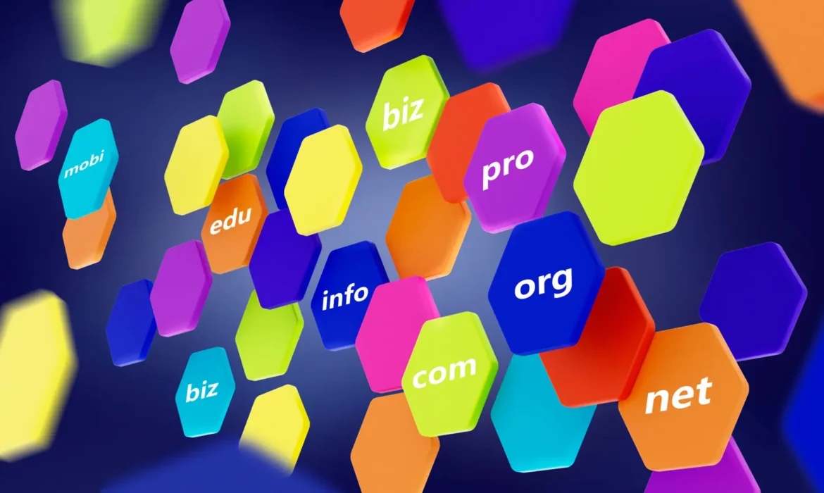 Colorful floating hexagonal tiles displaying domain suffixes such as biz, edu, info, org, com, net