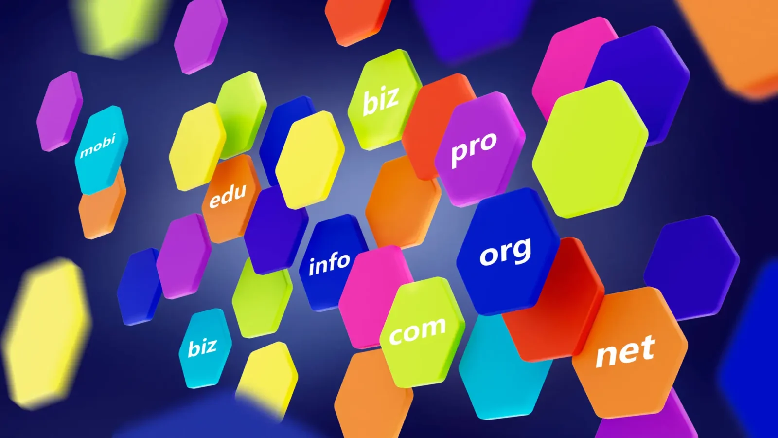 Colorful floating hexagonal tiles displaying domain suffixes such as biz, edu, info, org, com, net