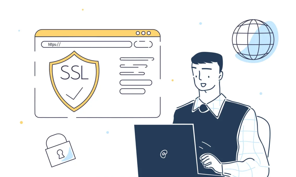 Person at a laptop beside a browser window showing an SSL shield, illustrating web security.
