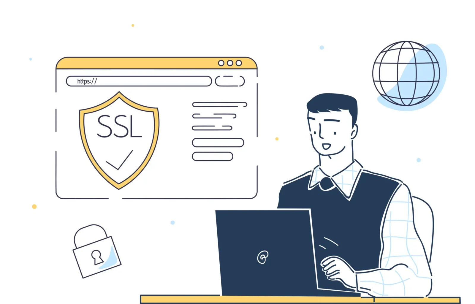 Person at a laptop beside a browser window showing an SSL shield, illustrating web security.