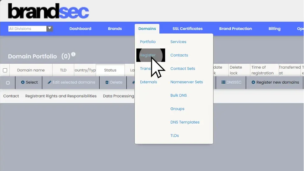 1. Click "Domains" and then "Register"