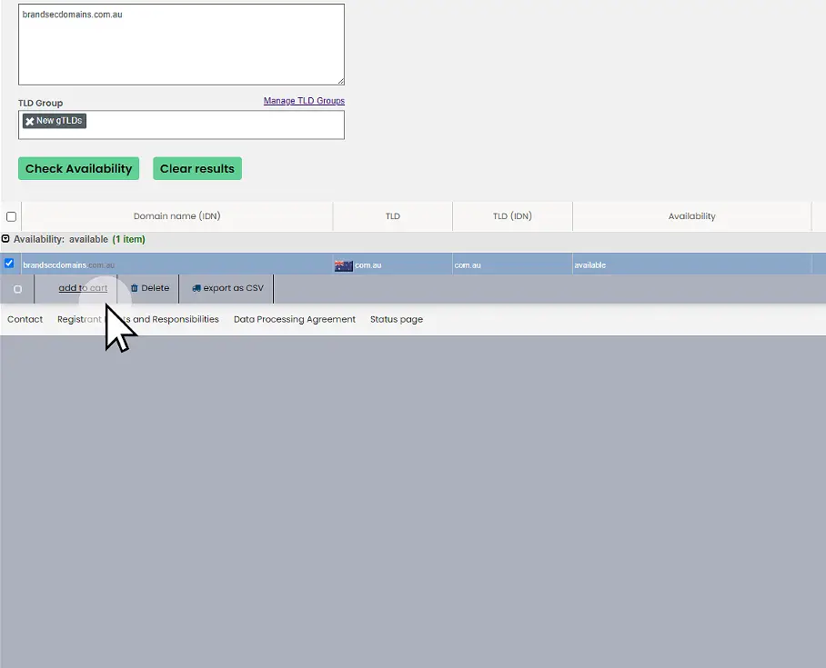 Domain availability checker UI showing input field, 'Check Availability' and 'Clear results' buttons, and a list with one available domain and an 'add to cart' action.