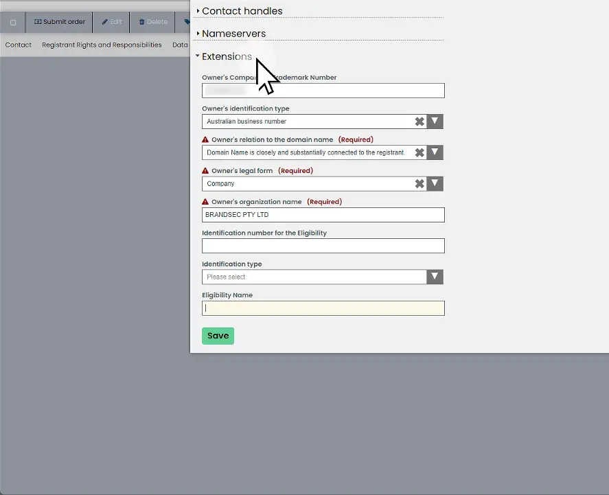 Modal form labeled Extensions with fields for the owner's company details, identification type and number, company legal form, organization name (BRANDSEC PTY LTD), and an Actions Save button.