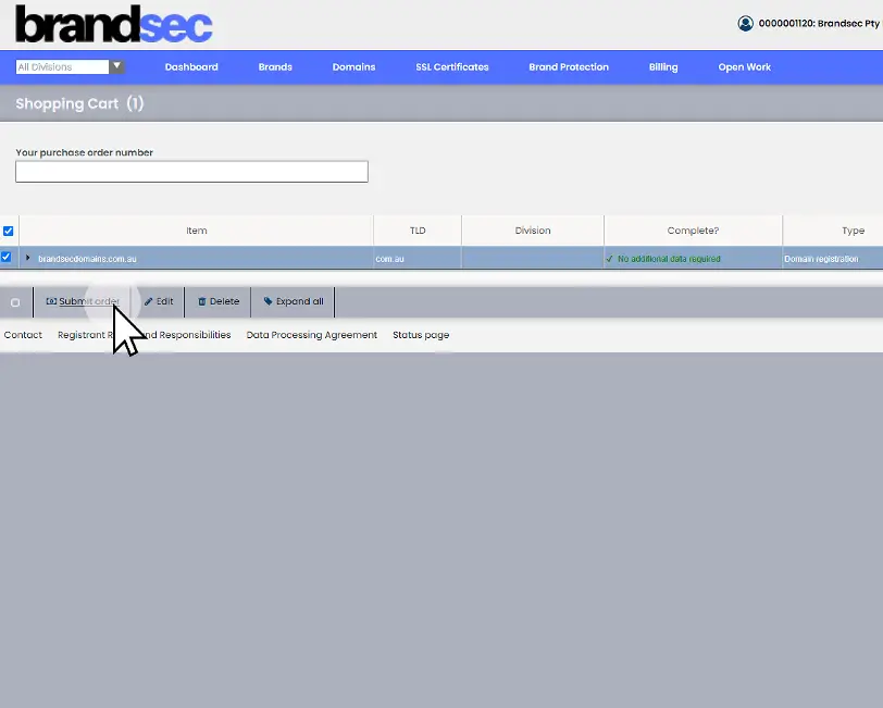 Brandsec admin dashboard showing a Shopping Cart with one item: brandsedomains.com.au, and action buttons below (Submit order, Edit, Delete, Expand all).
