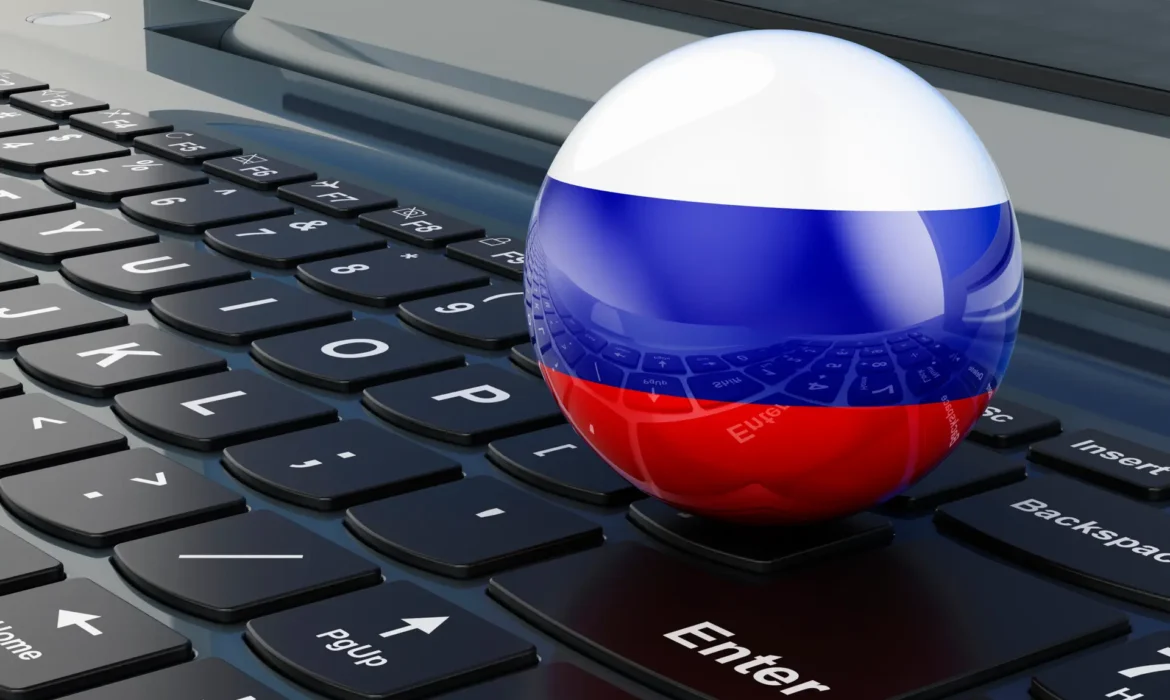 3D globe painted with the Russian flag sits on a laptop keyboard, symbolizing cyber geopolitics or tech diplomacy.